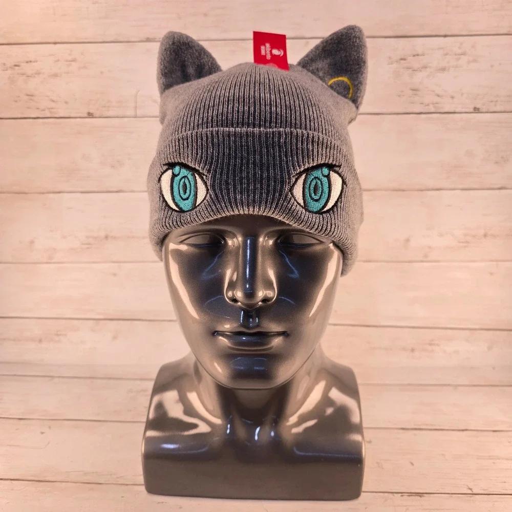 NWT Akibento Anime Cat Ear Beanie Gray Embroidered Blue Eyes Ribbed Knit Hat NWT